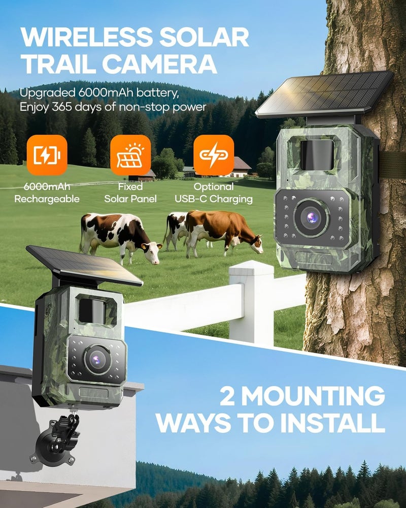 Assark Trail Camera 64MP 4K with Fixed Solar Panel, 6000mAh Game Camera with Night Vision Motion Activated Waterproof IP66 for Wildlife Deer Critter, Outdoor WiFi Trail Cam, 32GB SD Card Included - Image 2